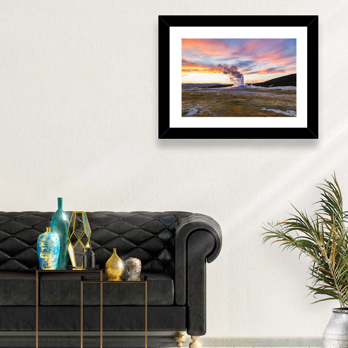 Old Faithful Erupting at Sunset Wall Art in a room, landscape