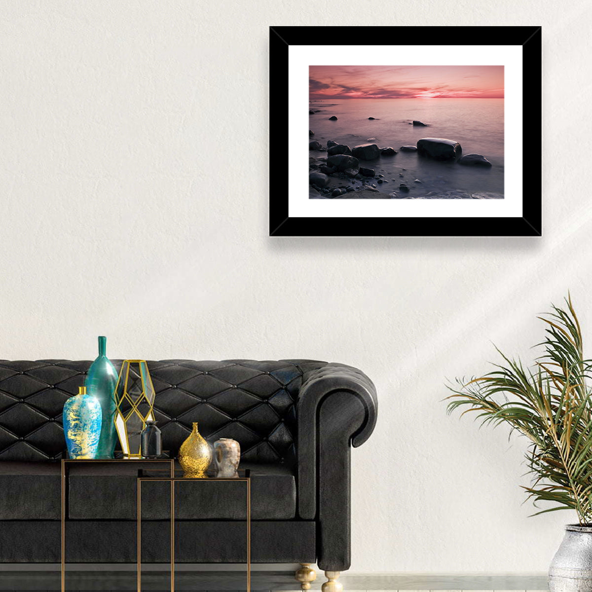 Pink Dusk Lakeshore with Silhouetted Rocks Wall Art