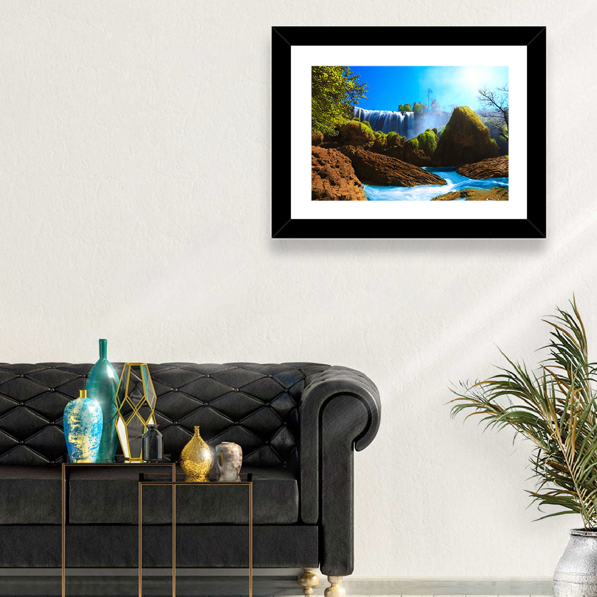 Sunlit Turquoise Waterfall Wall Art in a room, landscape