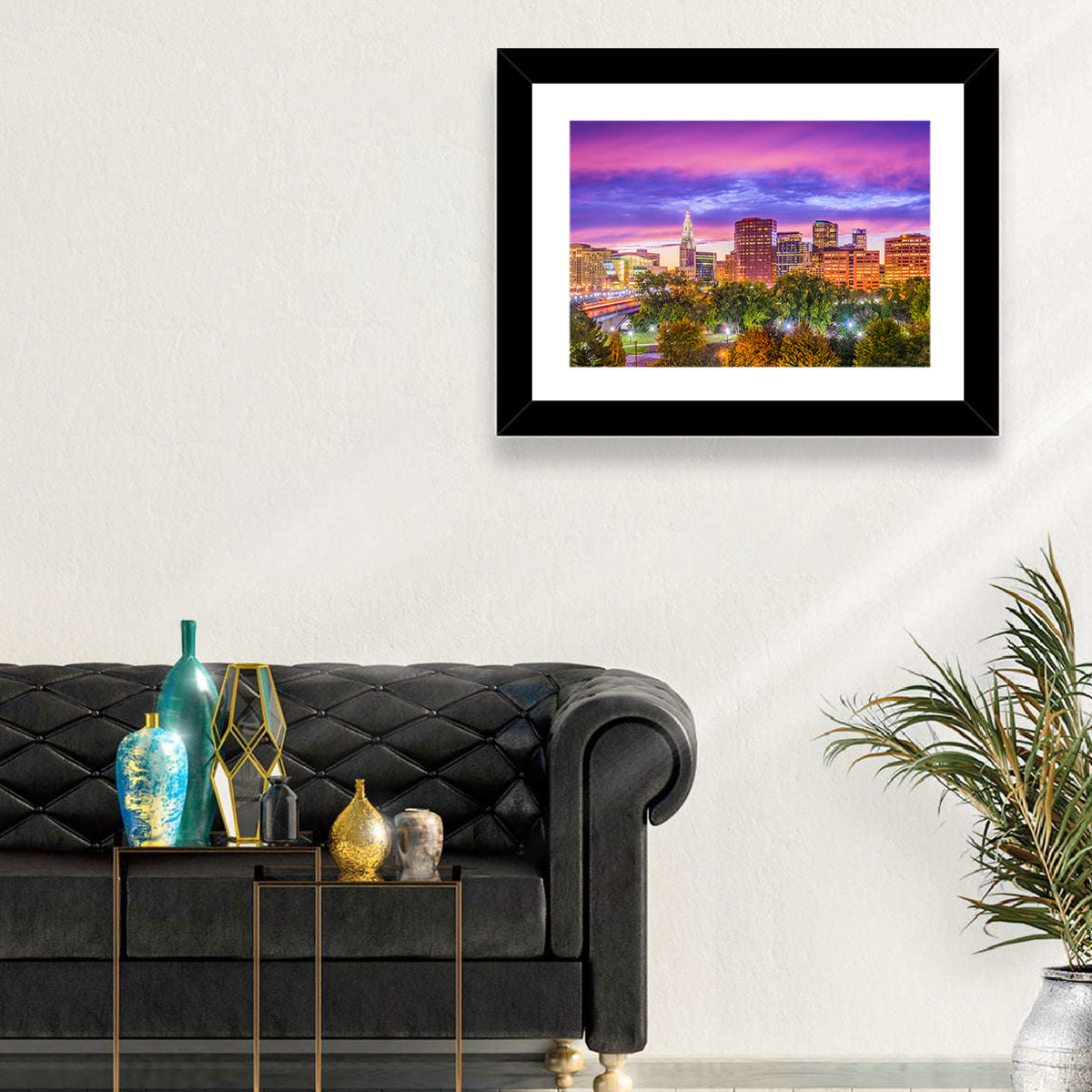 Hartford Skyline at Dusk Wall Art in a room, landscape