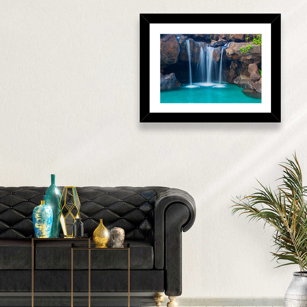 Waterfall Into Turquoise Pool Wall Art in a room, landscape
