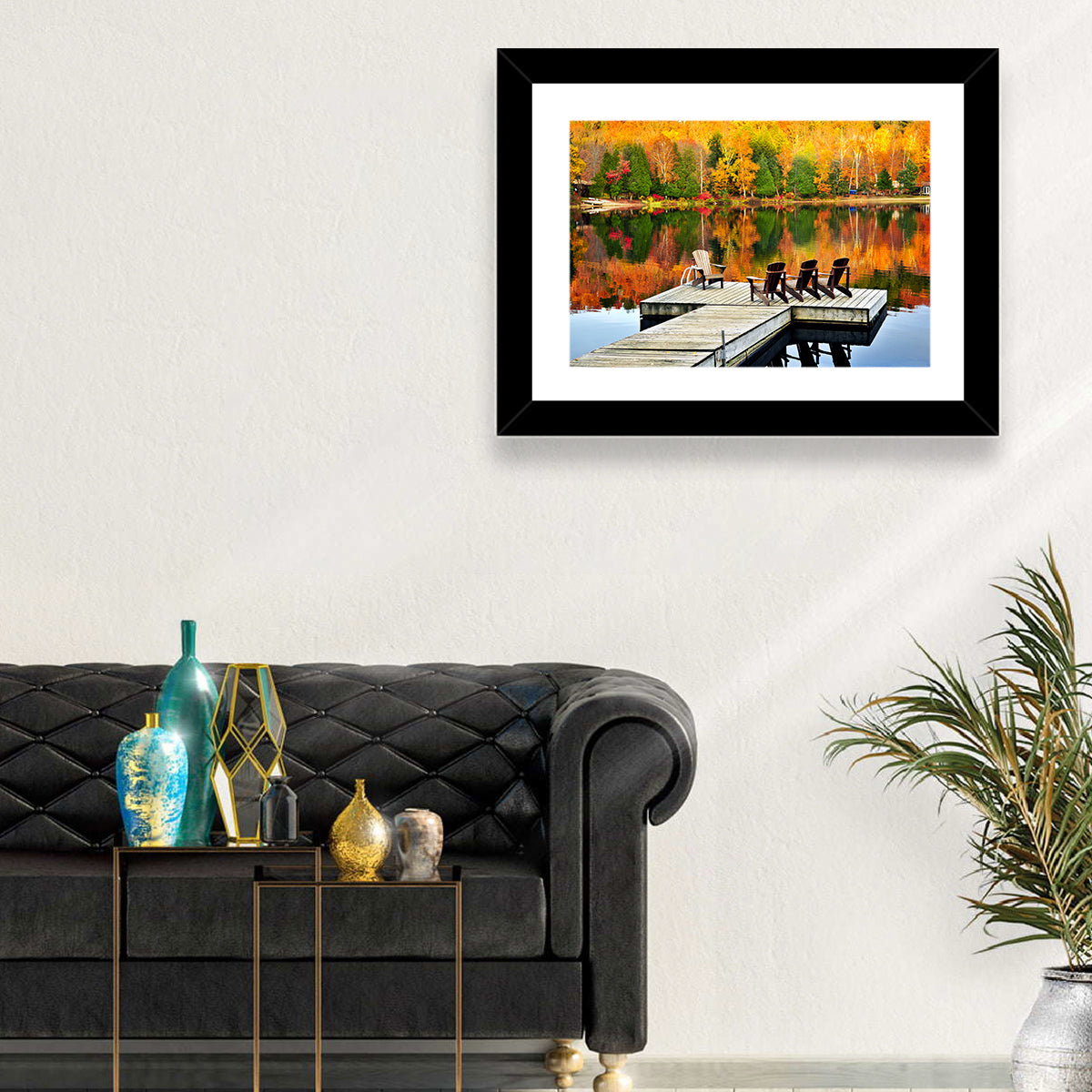 Autumn Lake Dock with Adirondack Chairs Wall Art in a room, landscape
