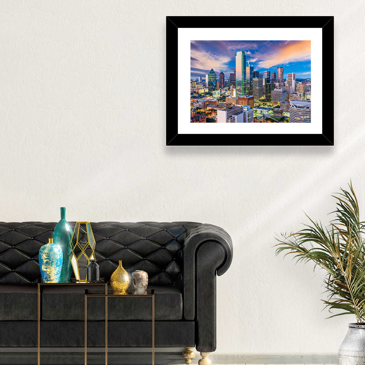Dallas Twilight Skyline Wall Art in a room, landscape