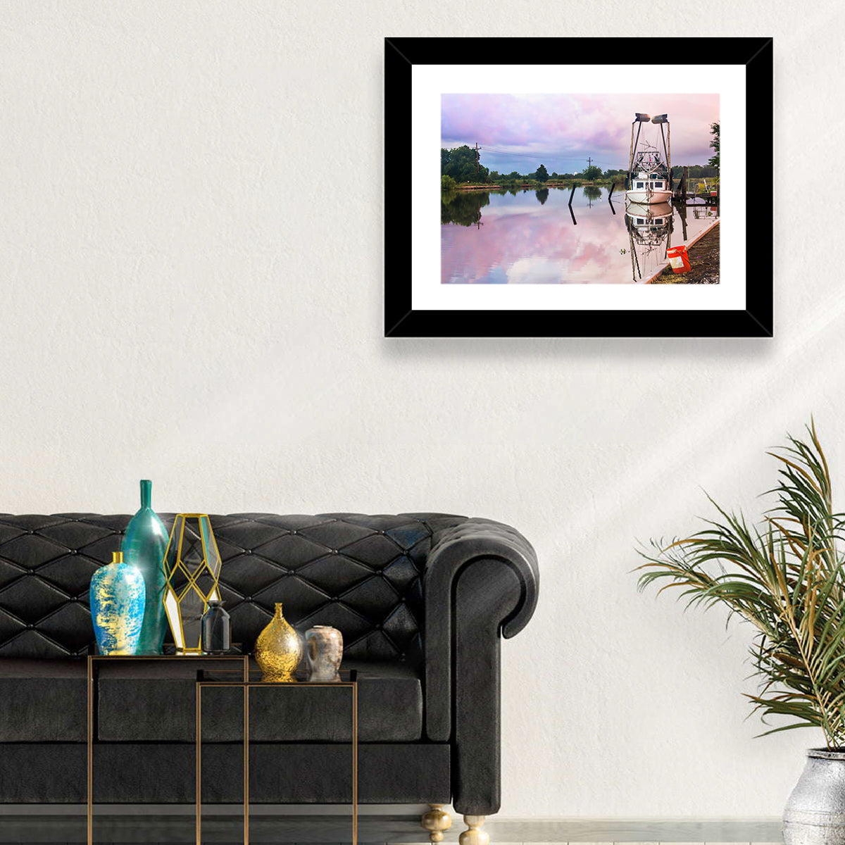White Shrimp Boat on Louisiana Bayou Wall Art in a room, landscape