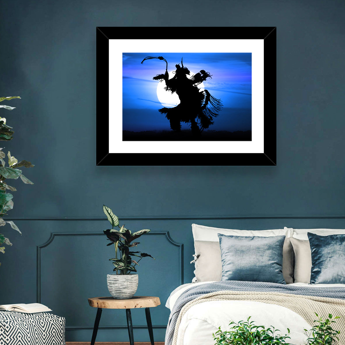 Moonlit Pow Wow Dancer Wall Art in a room, landscape