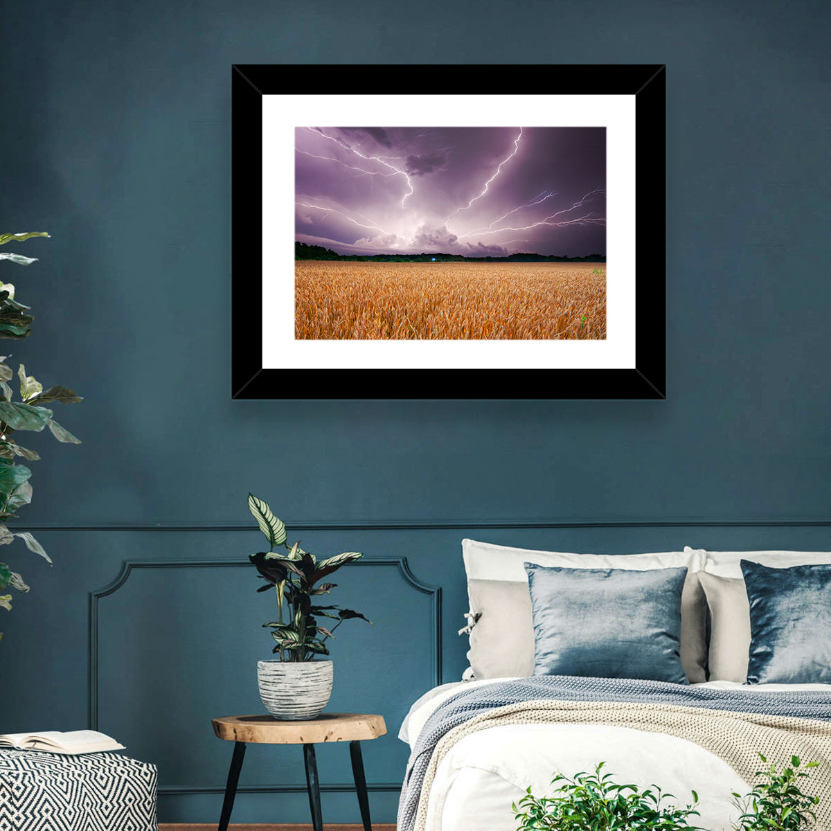 Lightning Over Wheat Field Wall Art in a room, landscape