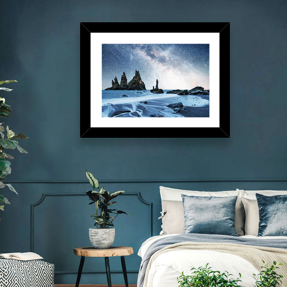 Reynisdrangar Sea Stacks Night Wall Art in a room, landscape