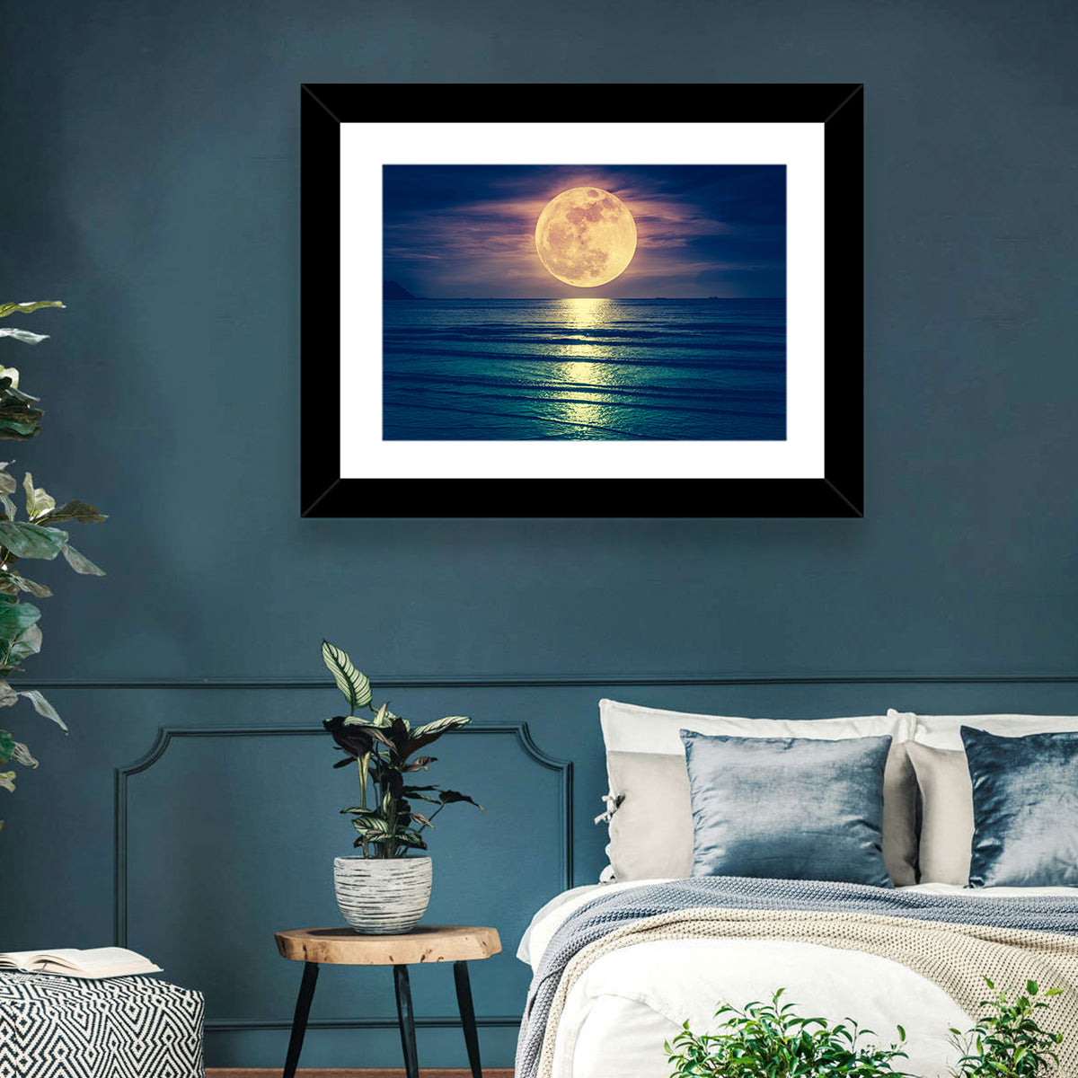 Supermoon Over Calm Sea Wall Art in a room, landscape