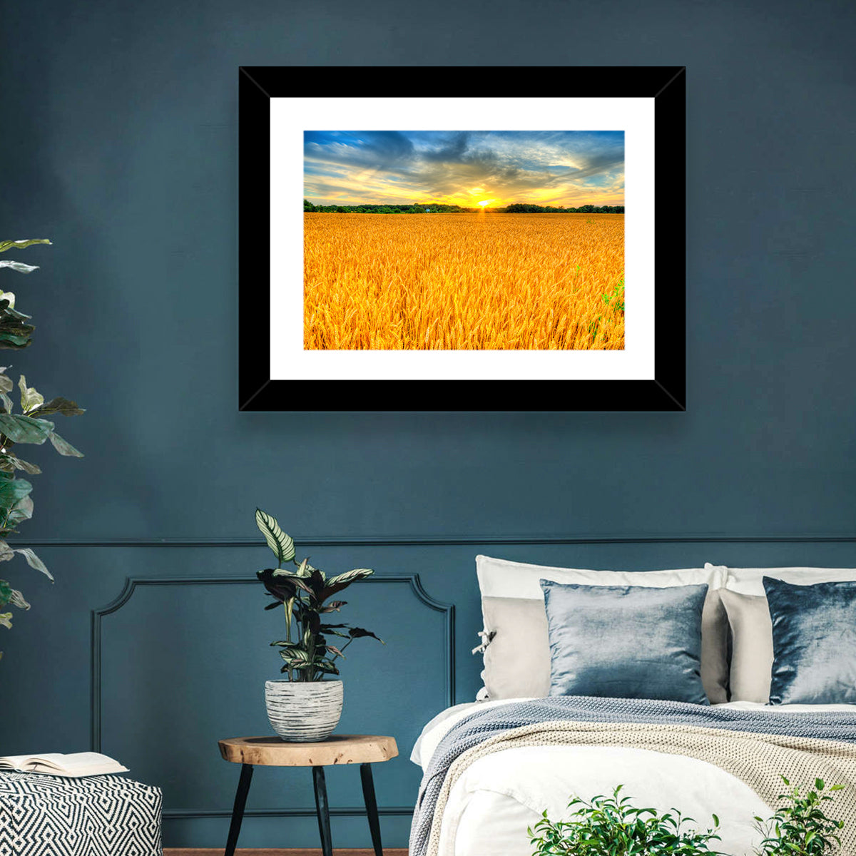Wheat Field Sunset Wall Art in a room, landscape