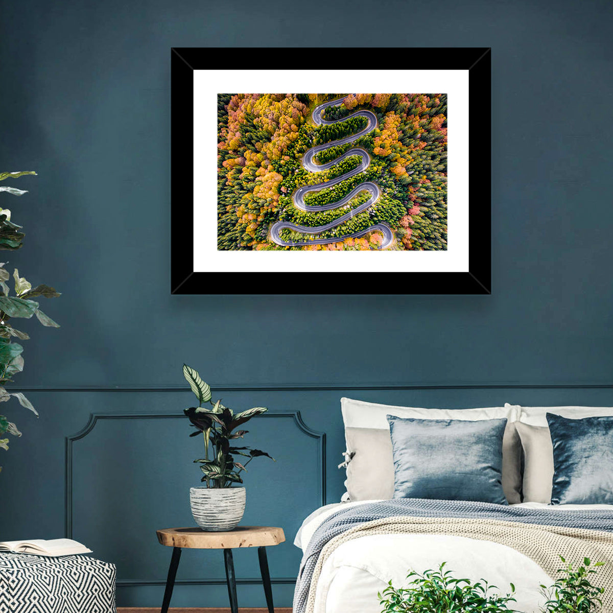 Autumn Winding Forest Road Wall Art in a room, landscape