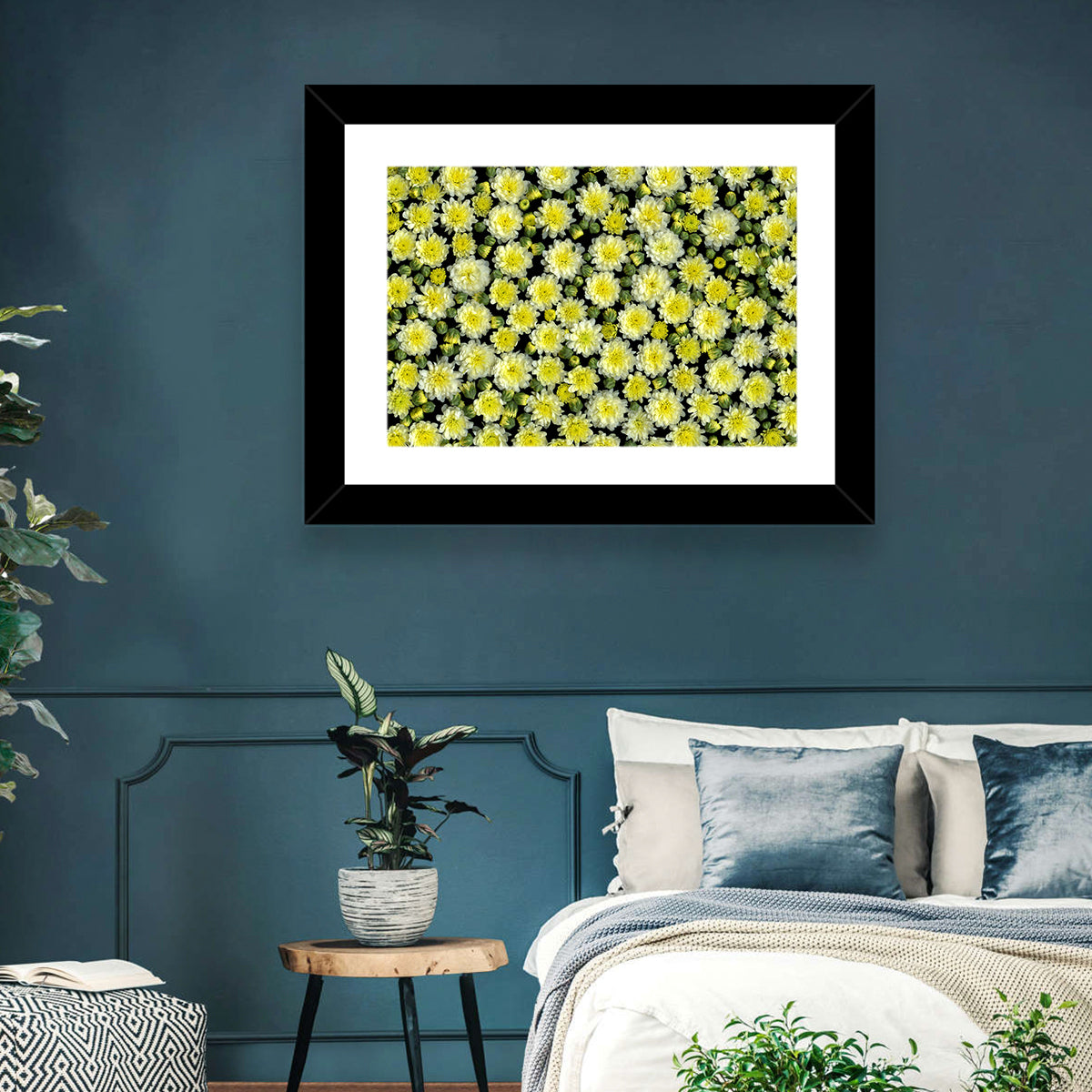 Yellow Chrysanthemum Bloom Pattern Wall Art in a room, landscape