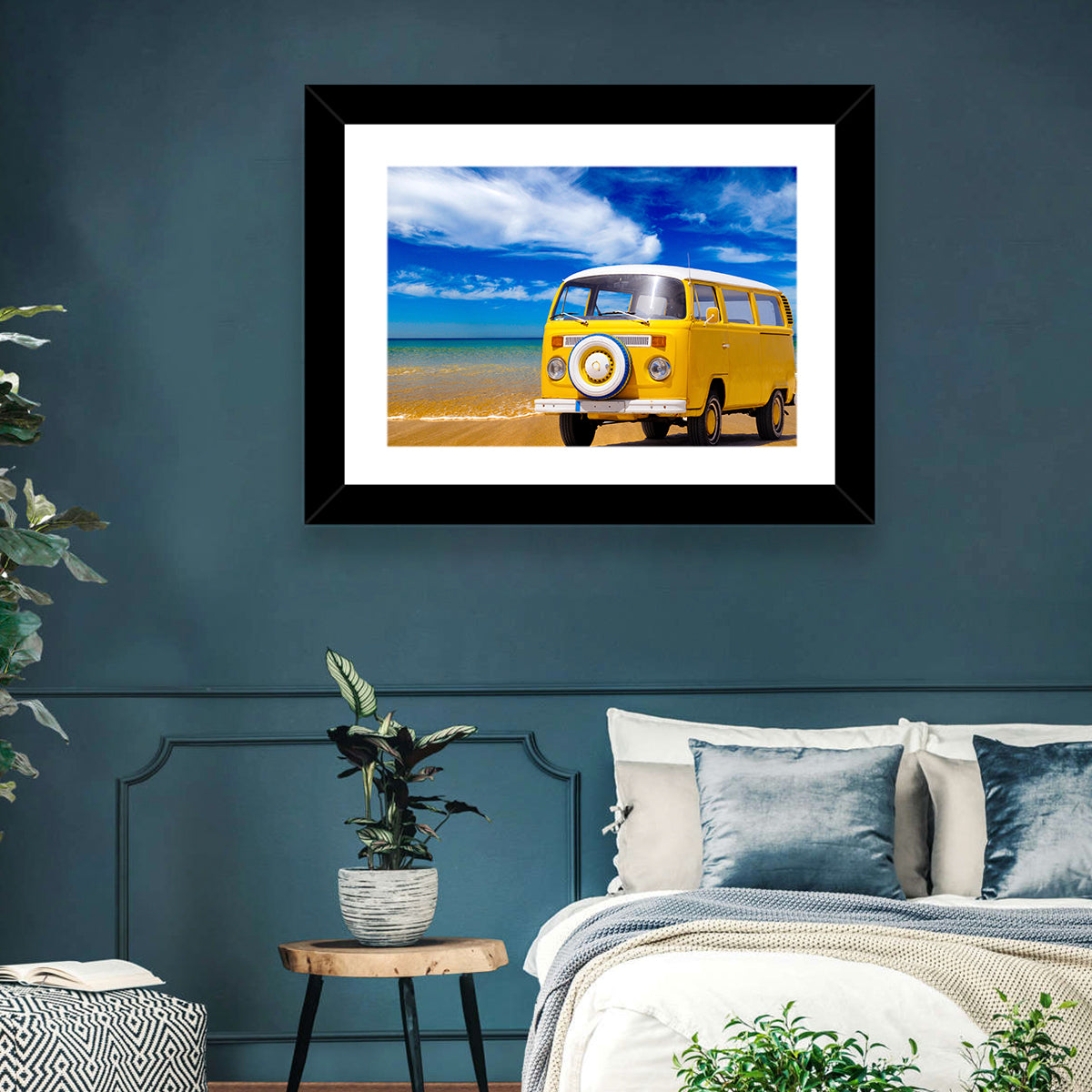 Yellow Vintage Van on Beach Wall Art in a room, landscape