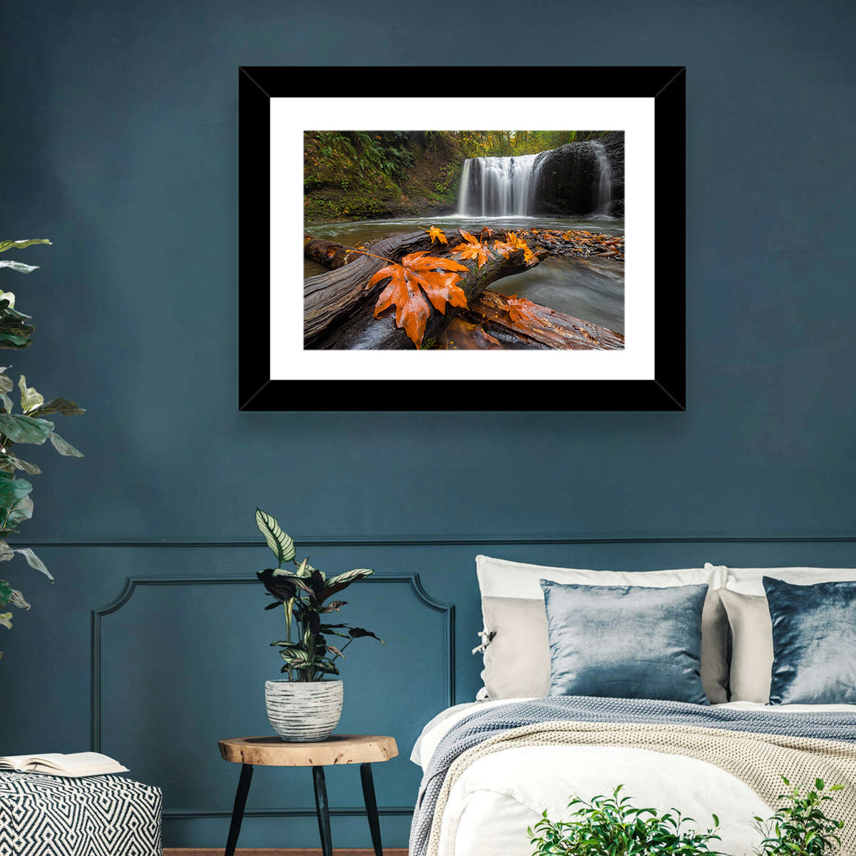 Clackamas Waterfall with Maple Leaf Wall Art in a room, landscape
