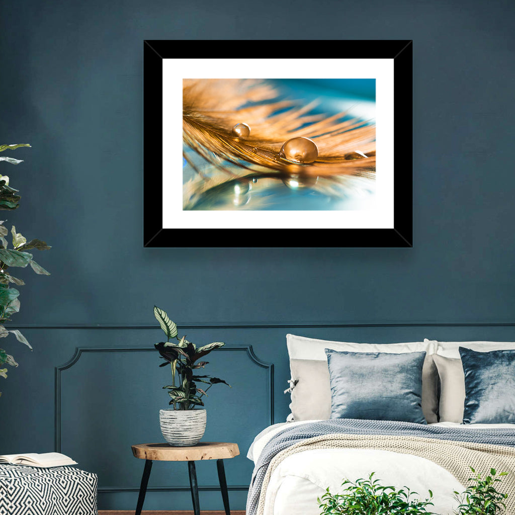 Golden Feather with Droplets Wall Art