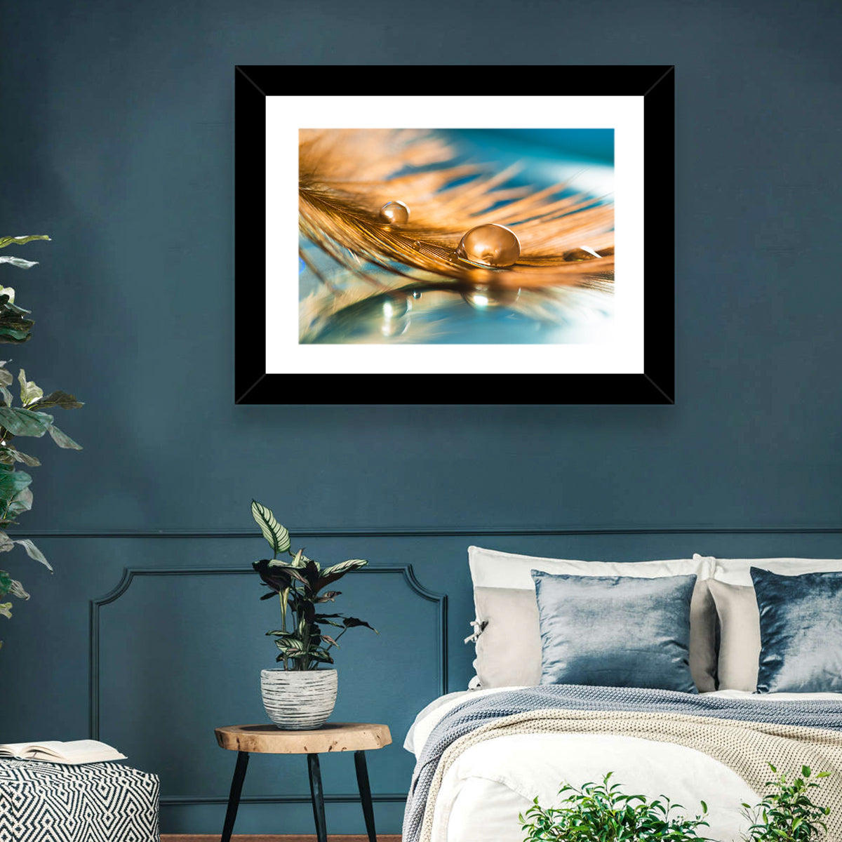 Golden Feather with Droplets Wall Art