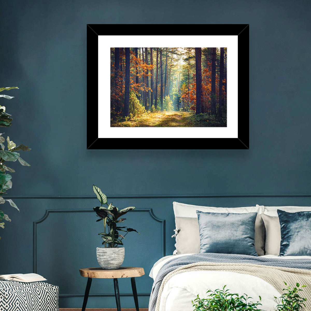 Sunlit Autumn Pine Forest Wall Art in a room, landscape