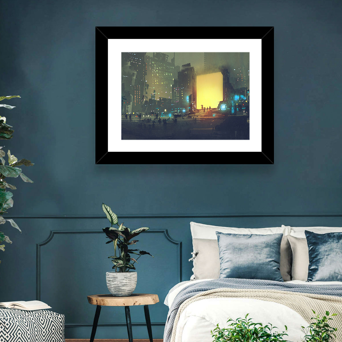 Rainy Night City with Glowing Portal Wall Art in a room, landscape