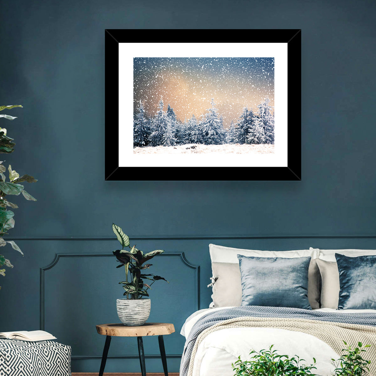 Winter Forest Wonderland Wall Art in a room, landscape