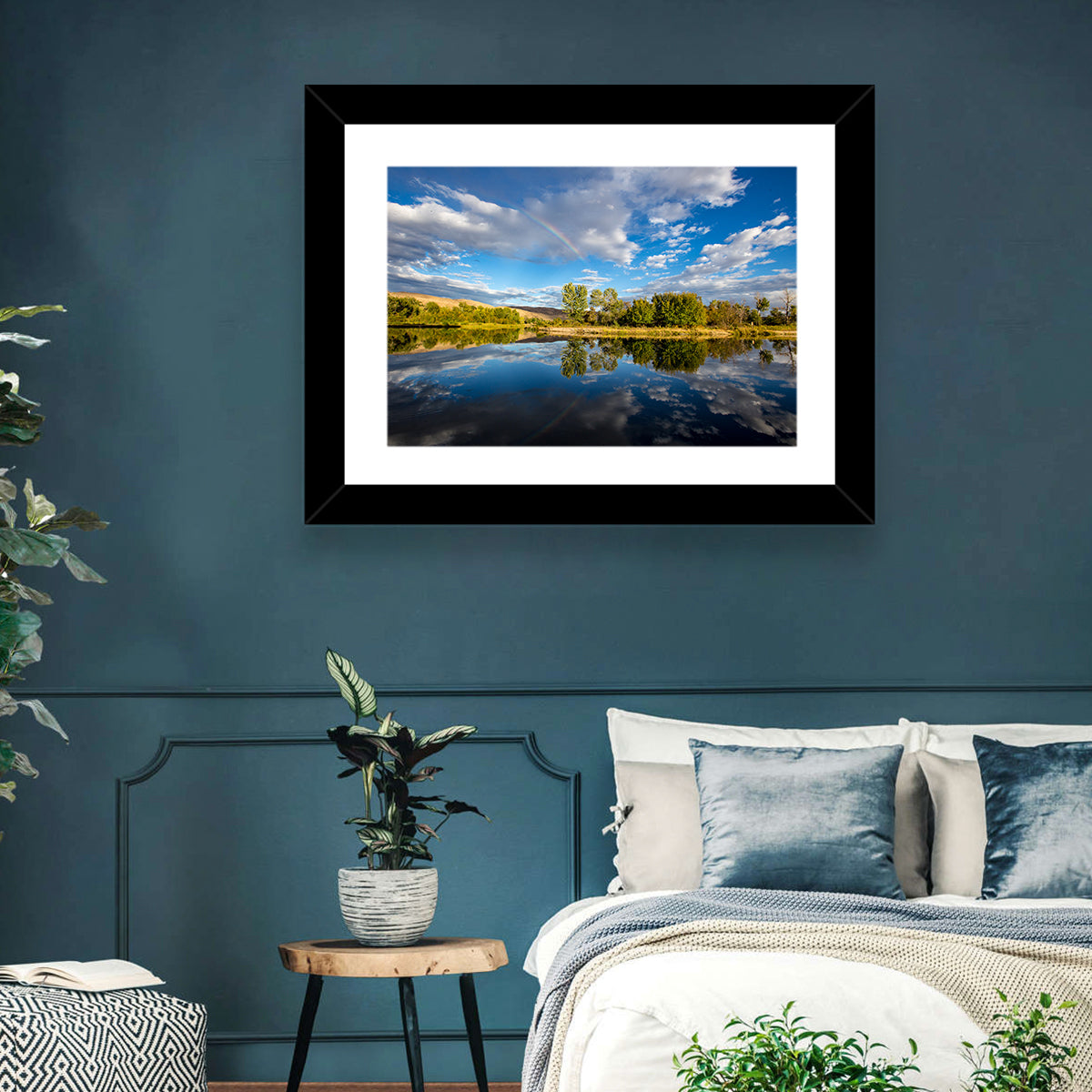 Boise River Rainbow Reflection Wall Art in a room, landscape