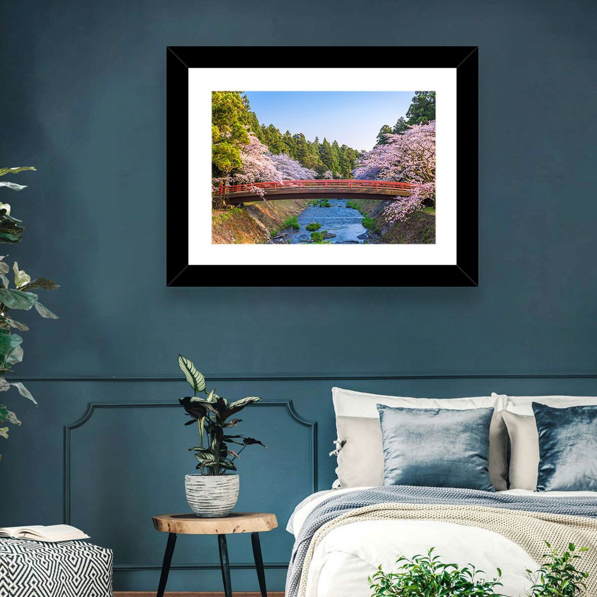 Arched Red Bridge with Cherry Blossoms Wall Art in a room, landscape