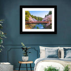 Arched Red Bridge with Cherry Blossoms Wall Art