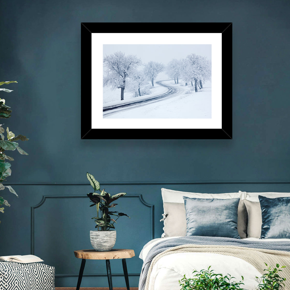 Misty Winter S-curve Road Wall Art in a room, landscape