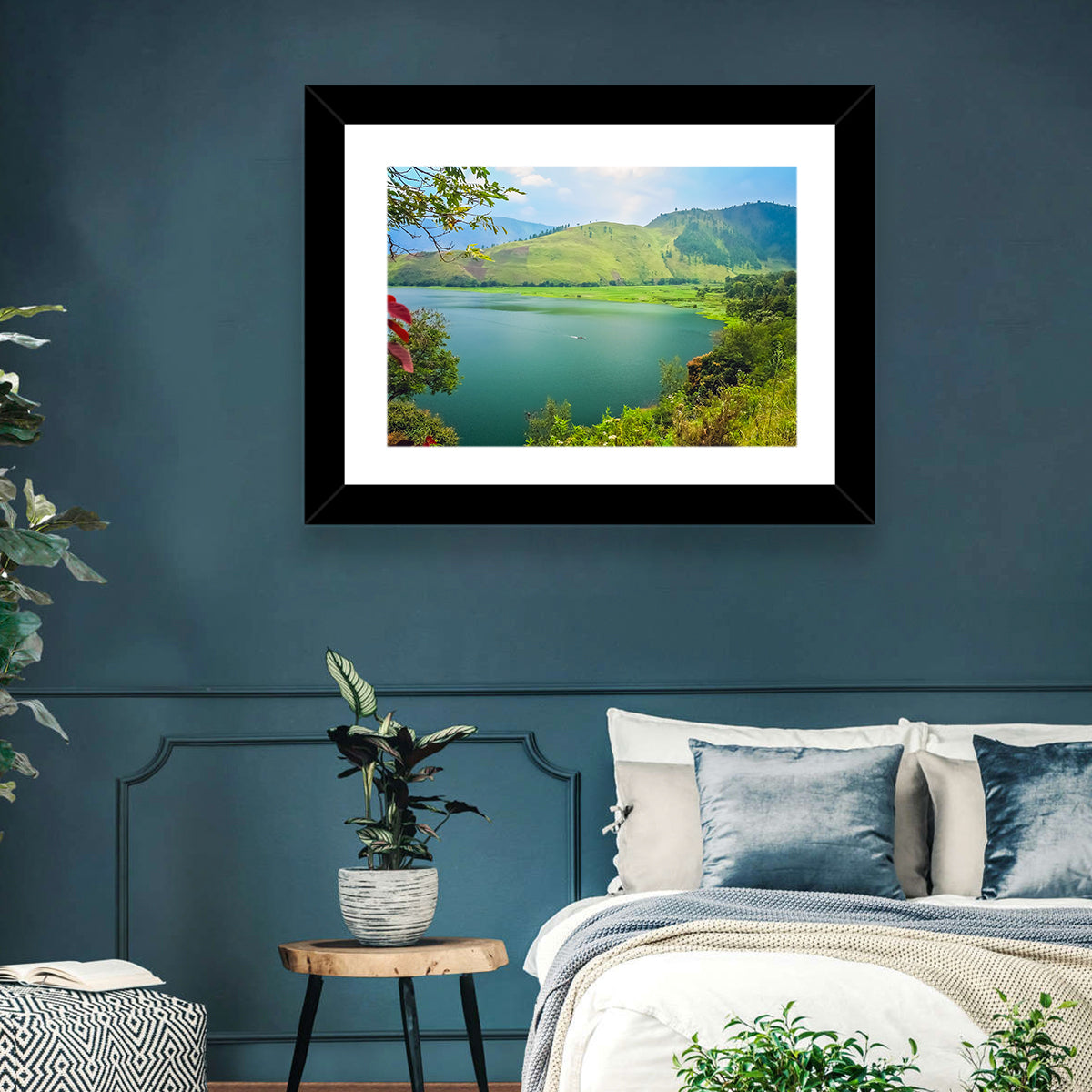 Lake Toba Boat and Hills Wall Art in a room, landscape