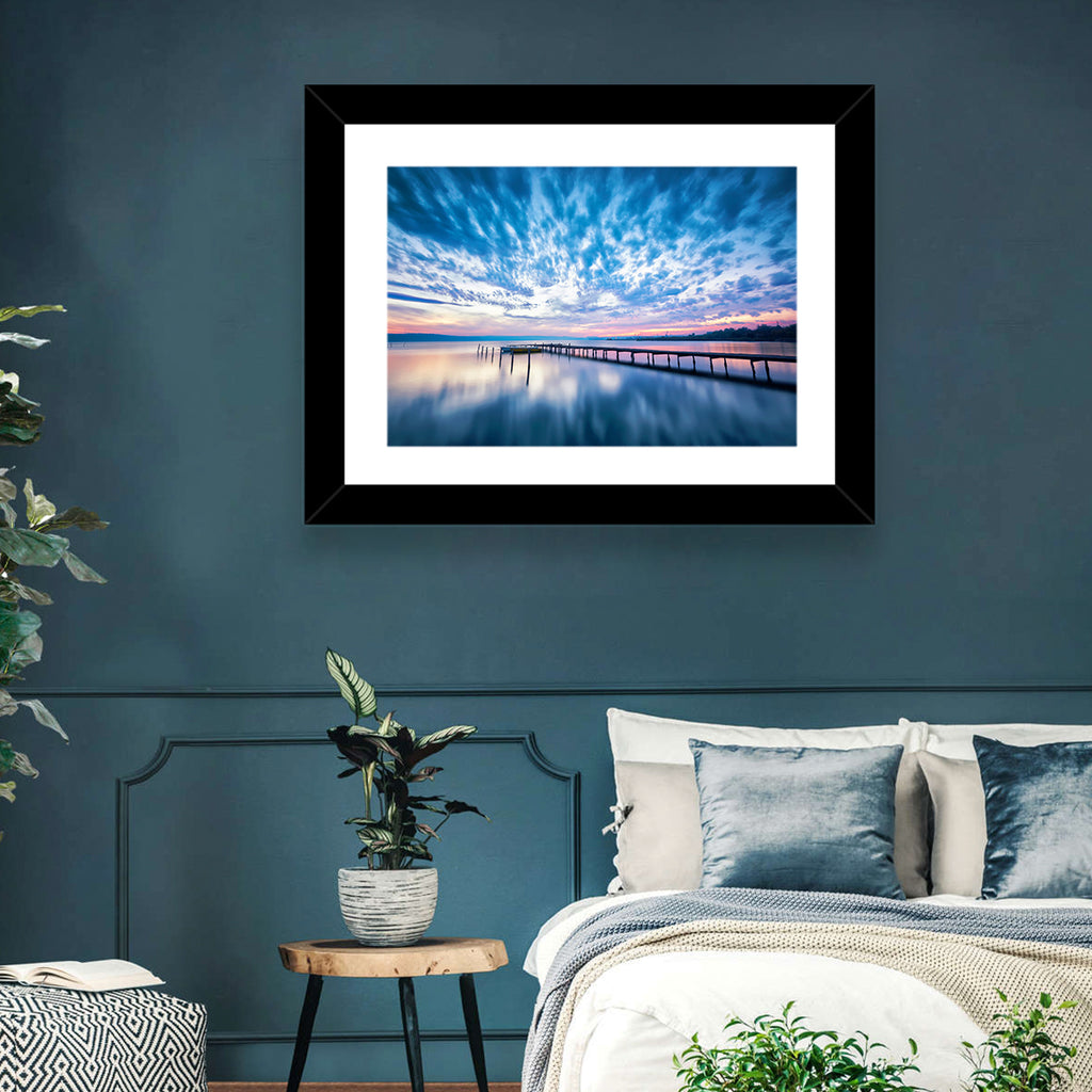 Cloudy Lake Pier at Dusk Wall Art
