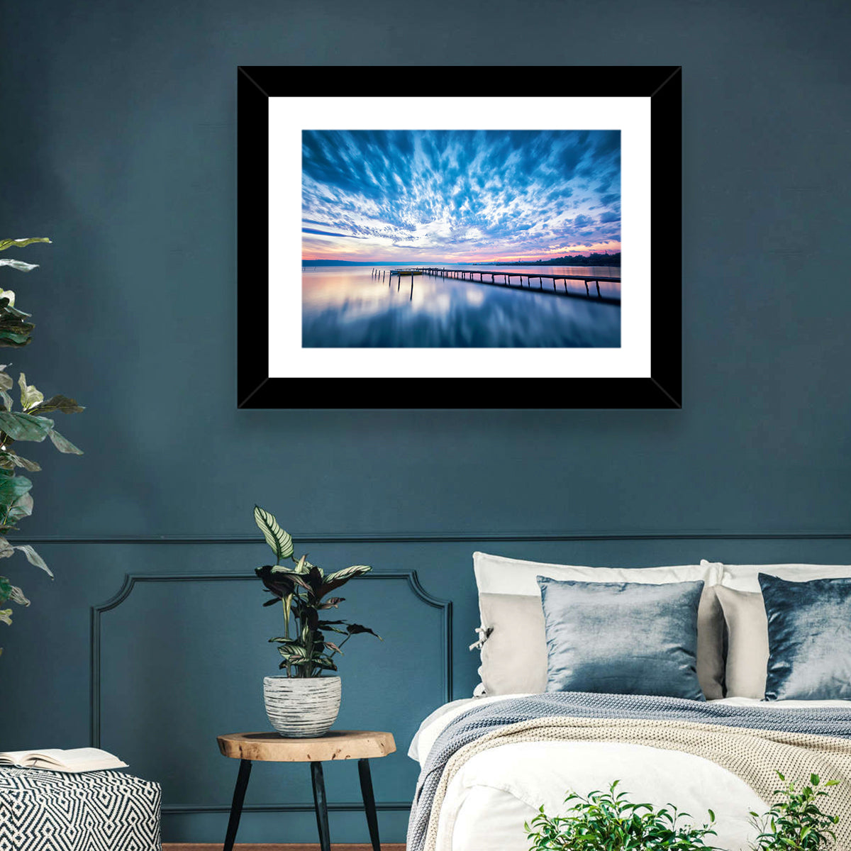 Cloudy Lake Pier at Dusk Wall Art in a room, landscape