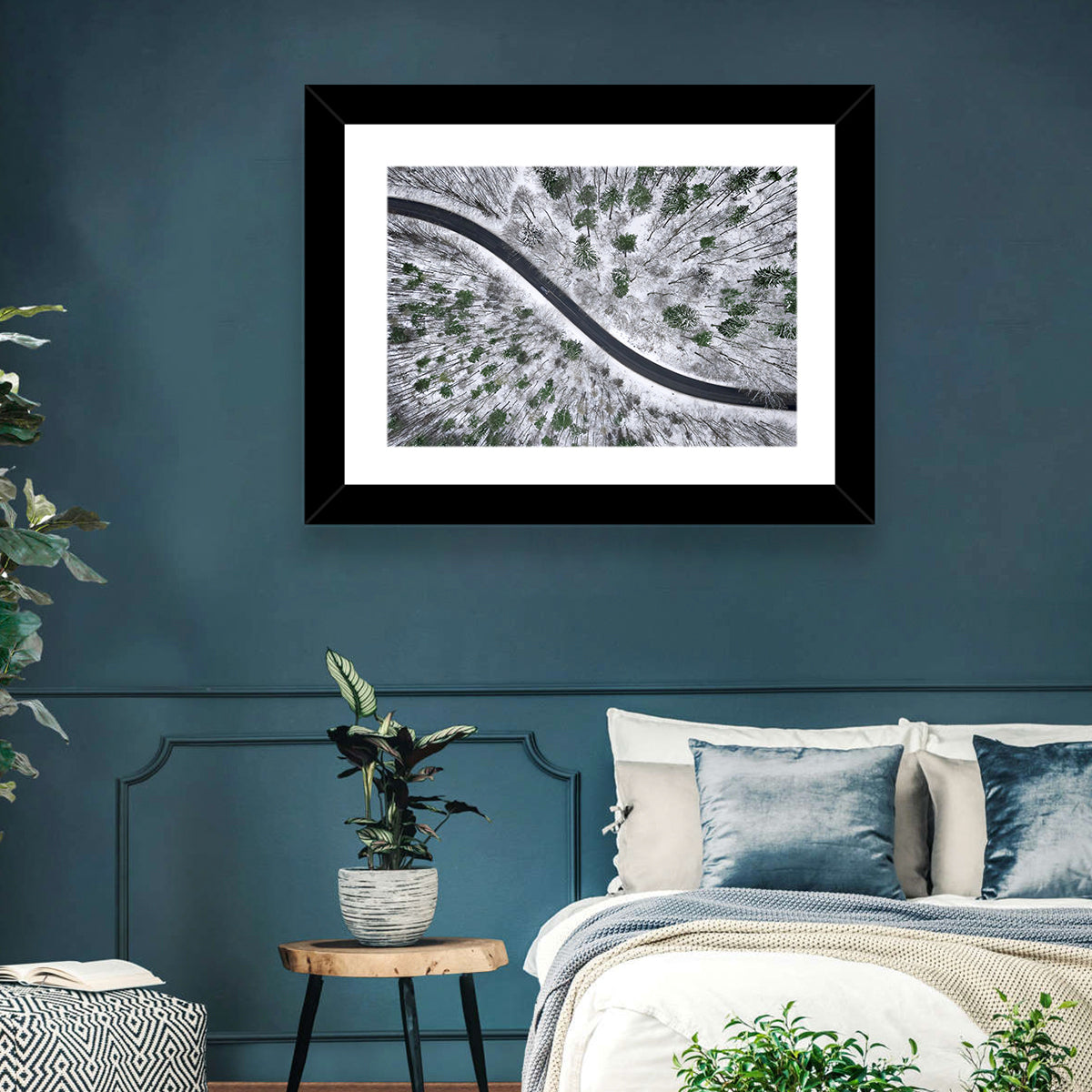 Snowy Forest Road Wall Art in a room, landscape