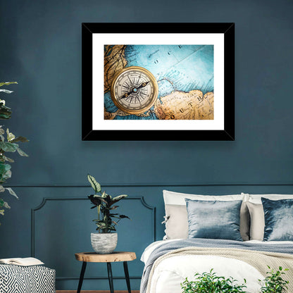 Vintage Compass Over Atlantic Map Wall Art