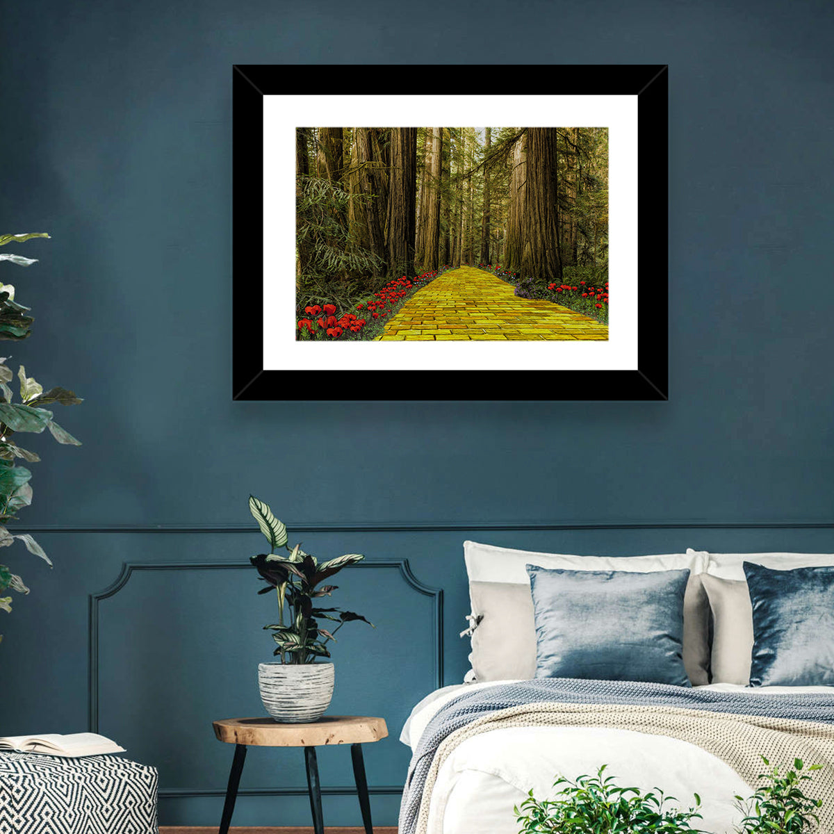 Yellow Brick Path Through Redwoods Wall Art in a room, landscape