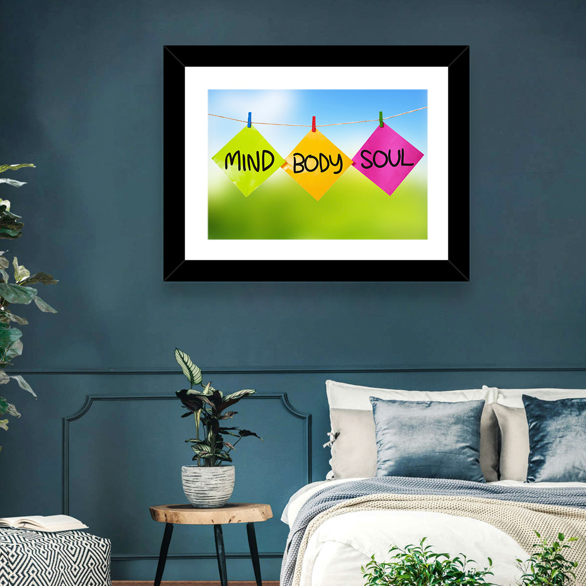Mind Body Soul Paper Trio Wall Art in a room, landscape
