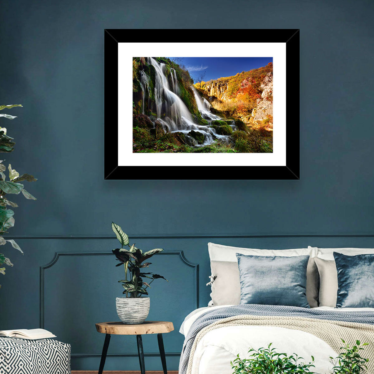 Plitvice Lakes Waterfall Wall Art in a room, landscape