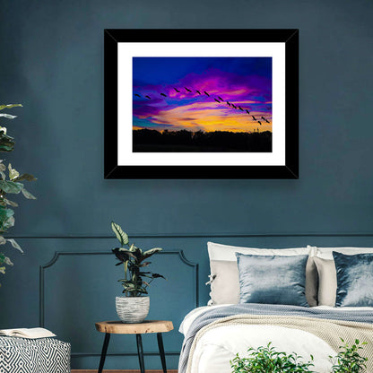 Silhouetted Cranes at Dusk Wall Art