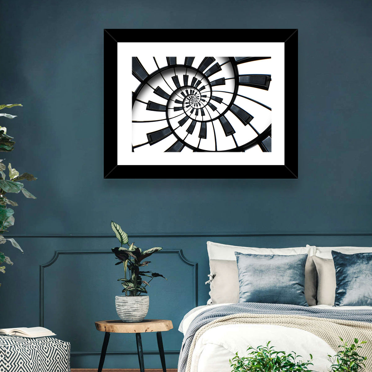 Recursive Spiral Piano Keys Wall Art in a room, landscape
