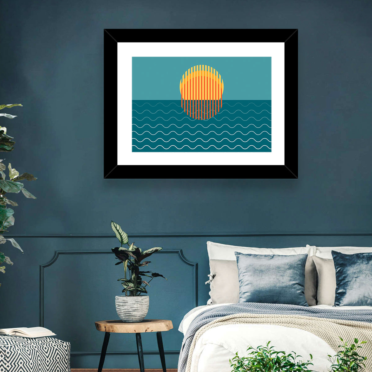Teal Ocean Sunset Illustration Wall Art in a room, landscape