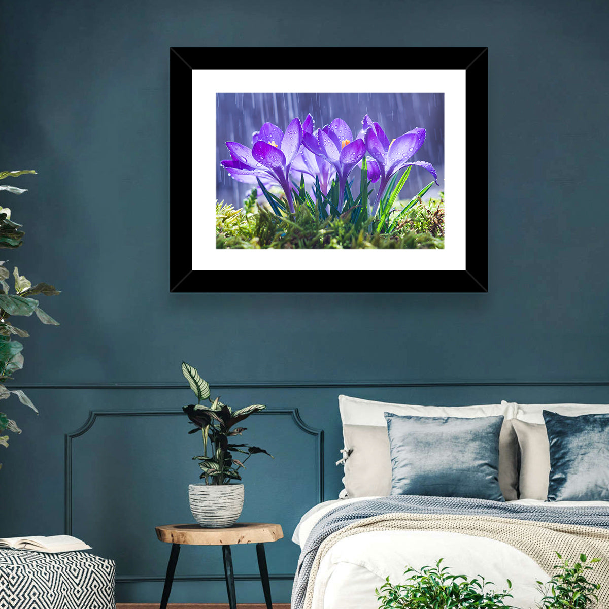 Rainy Purple Crocuses Wall Art in a room, landscape