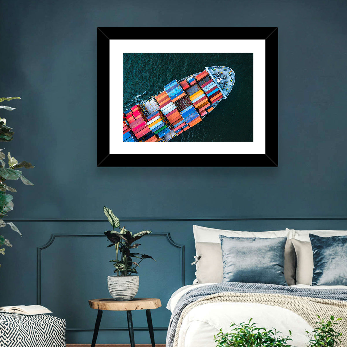 Container Ship Aerial View Wall Art in a room, landscape