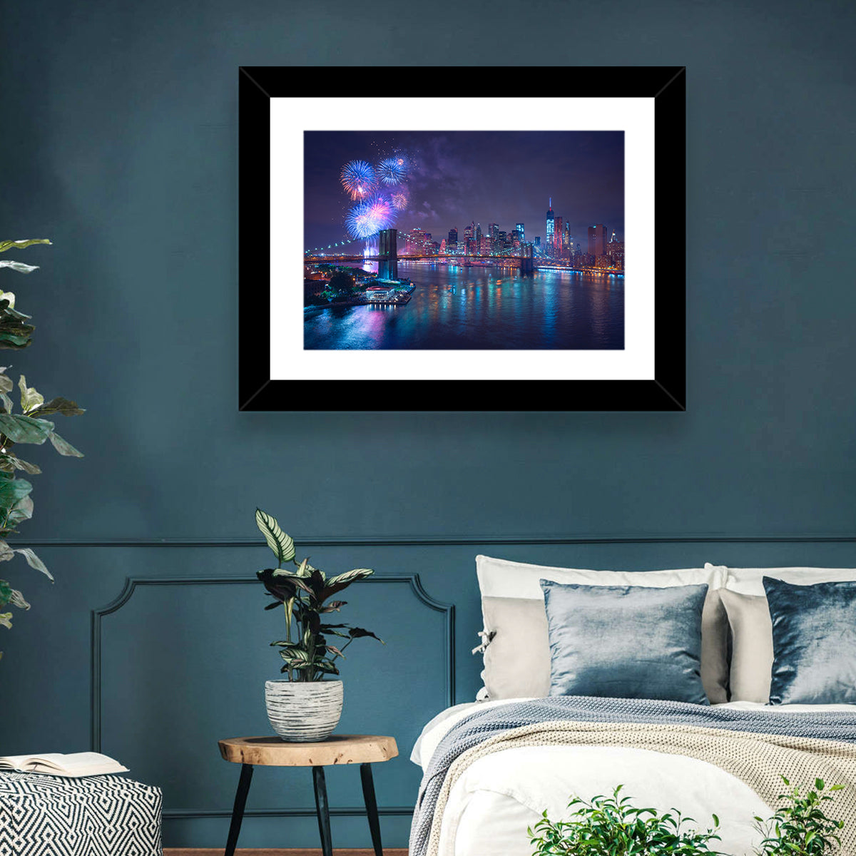 Fireworks Over Brooklyn Bridge Wall Art in a room, landscape