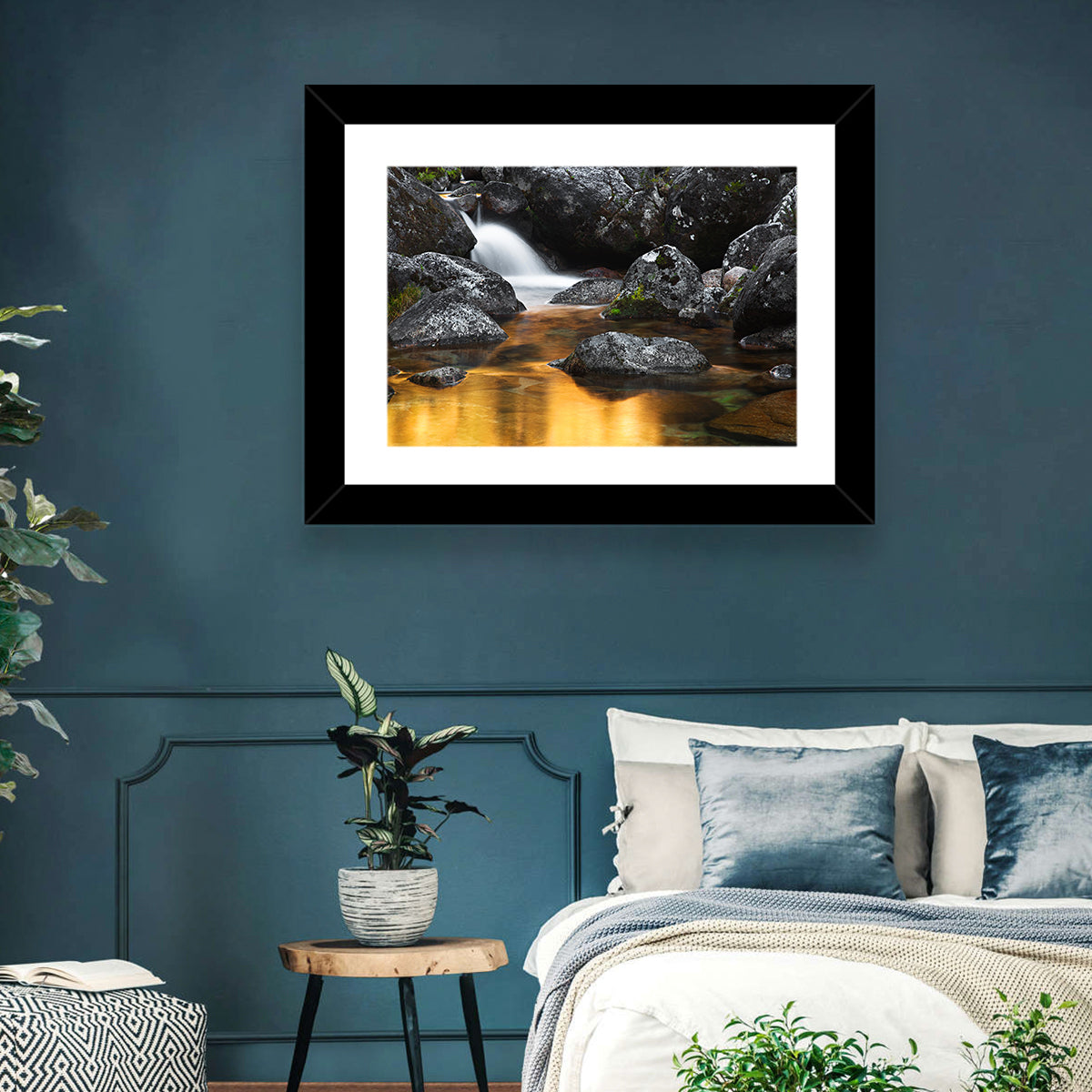 Golden Stream Waterfall Wall Art in a room, landscape