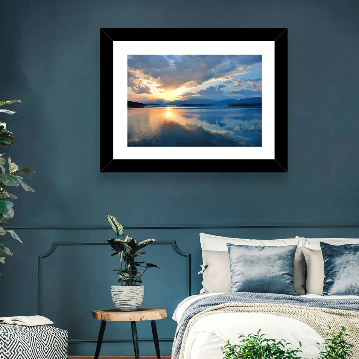 Golden Hour Lake Reflection Wall Art in a room, landscape