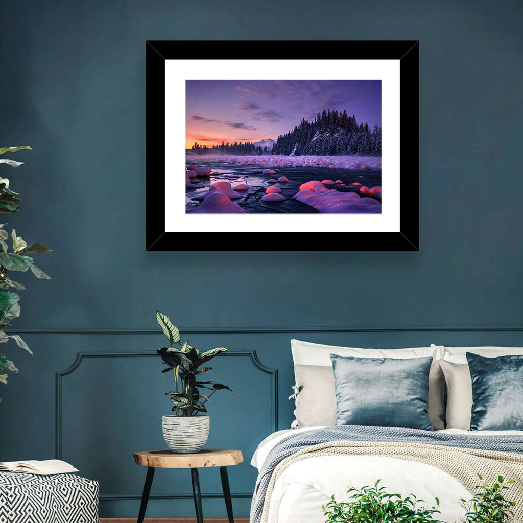 Twilight River and Snowy Pines Wall Art