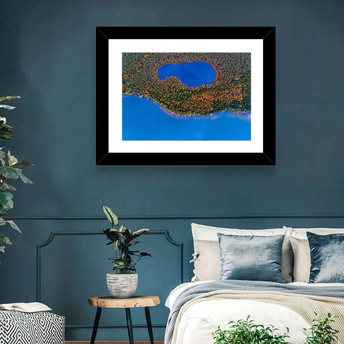 Autumn Forest Lake Wall Art in a room, landscape