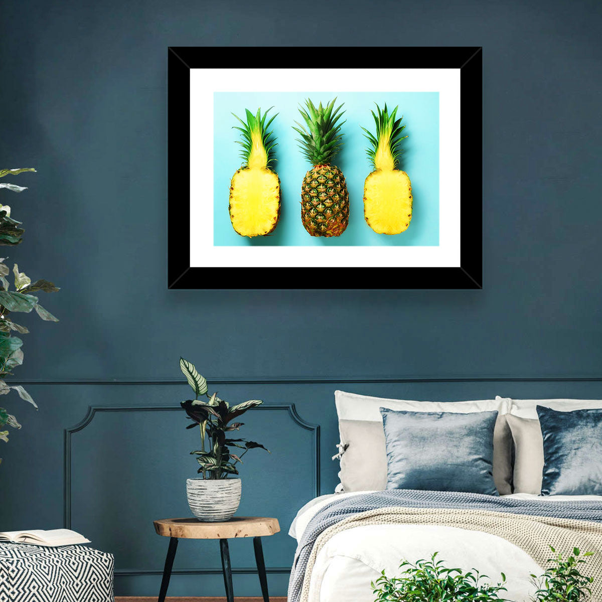 Three Pineapples Minimalist Design Wall Art in a room, landscape