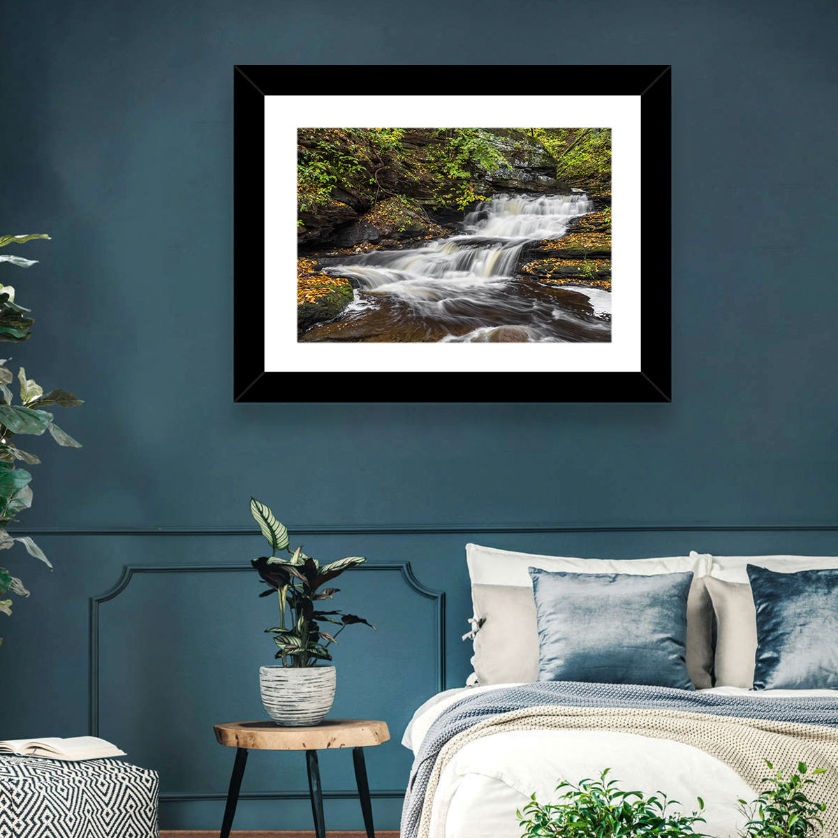 Cascading Autumn Waterfall Wall Art in a room, landscape