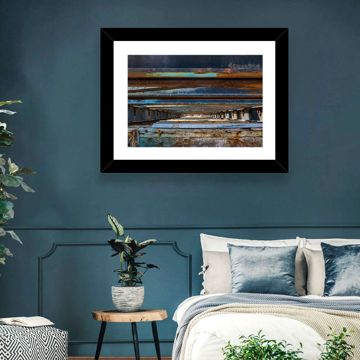 Weathered Dock Perspective Wall Art in a room, landscape