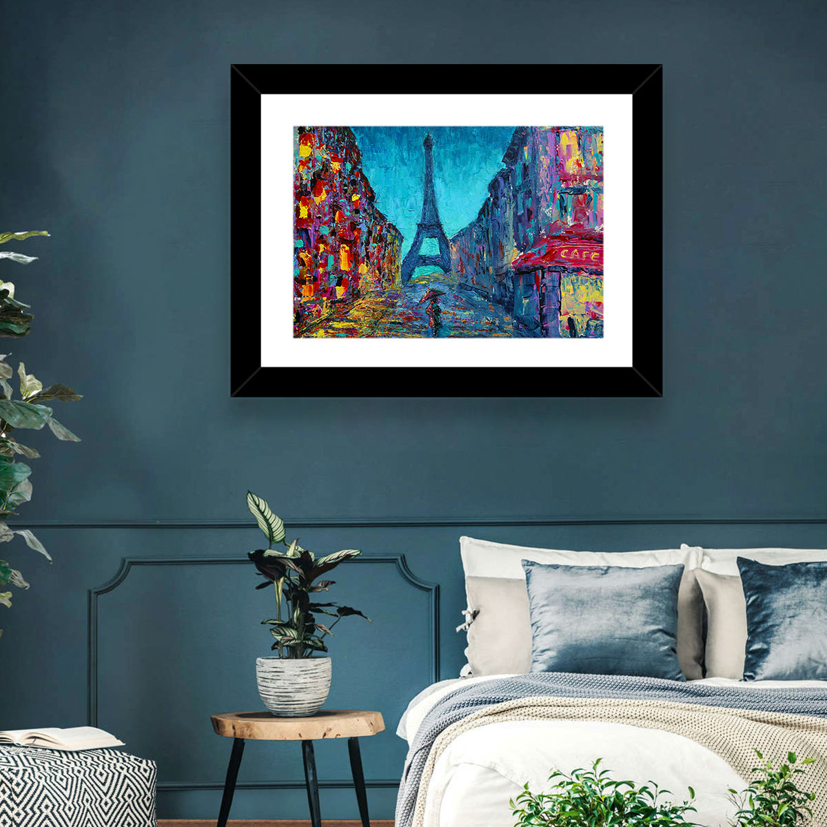 Rainy Paris Street with Eiffel Tower Wall Art in a room, landscape