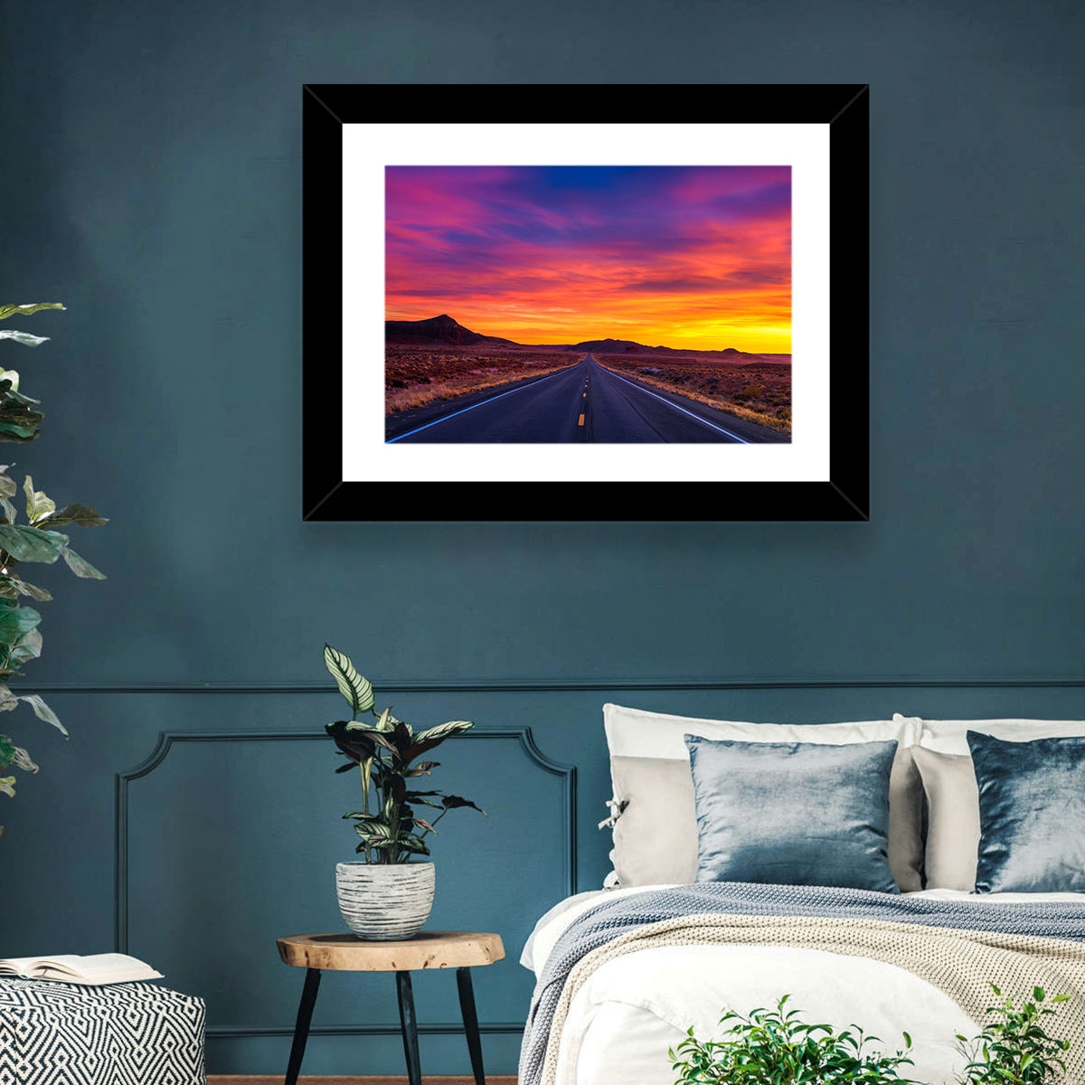 Infinite Desert Road Sunset Wall Art in a room, landscape