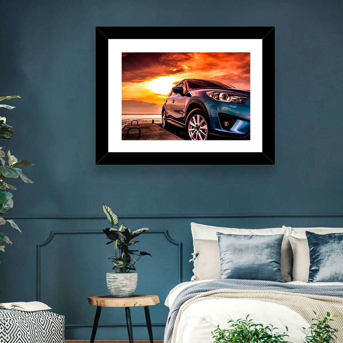 Suv on Pier at Sunset Wall Art